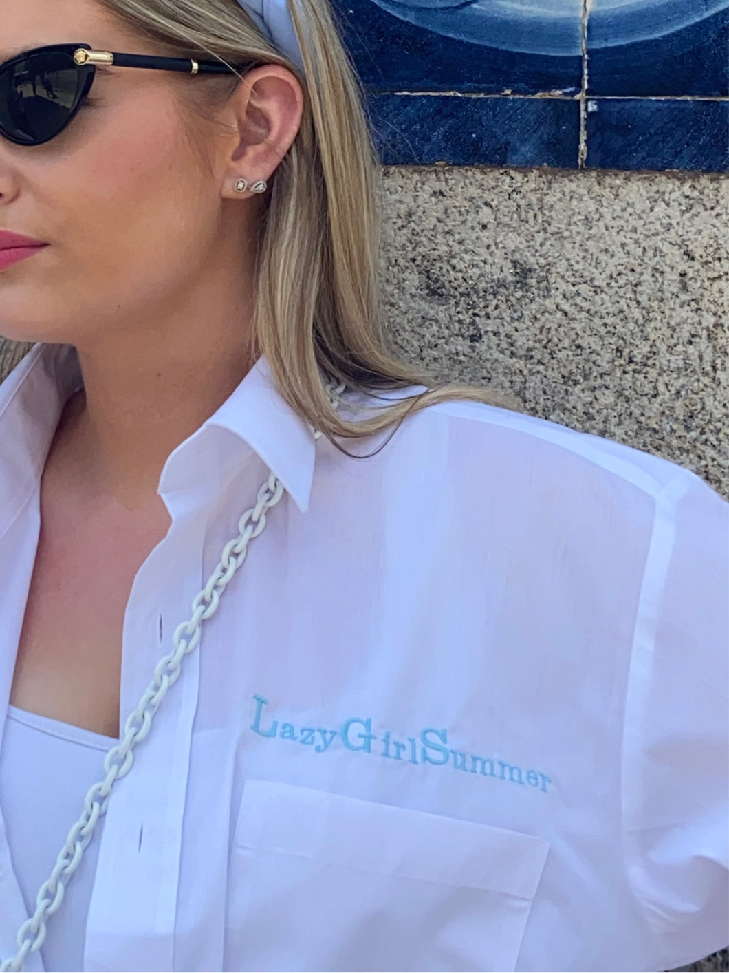 LazyGirlSummer White Shirt - Sky Blue Embroidery